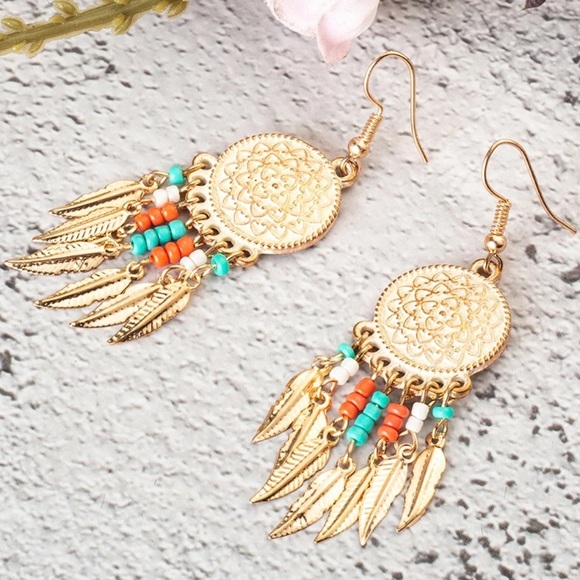 New Gold Beaded Dreamcatcher Fishhook Earrings - Picture 2 of 5